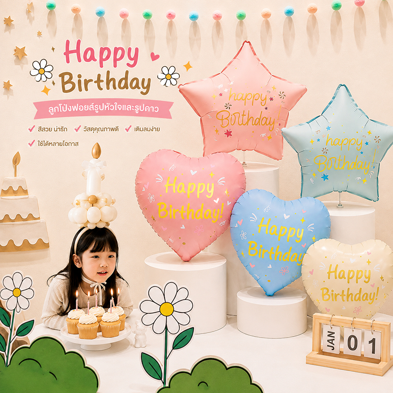 ลูกโป่งลาย Happy Birthday วันเกิด ลูกโป่งหัวใจ ดาว
