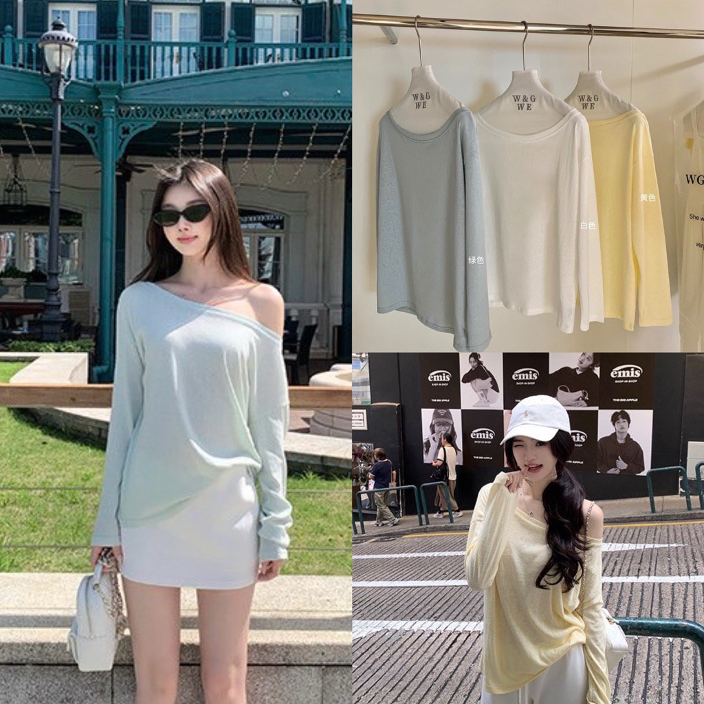 10747# เสื้อคอกว้างแขนยาว เนื้อผ้าดี ทรงใส่สบาย  TAG:WG.WE 🇰🇷