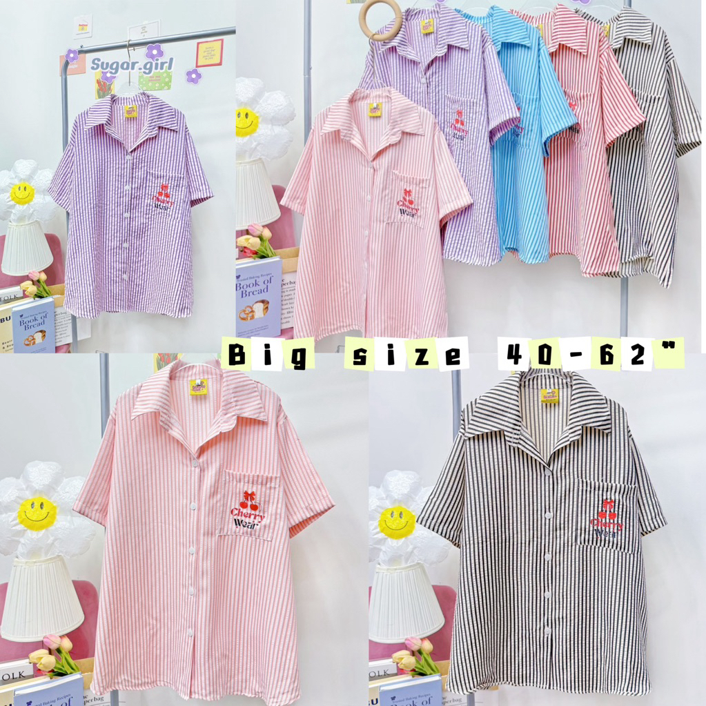 (ส่งด่วน) Cherry shirt เสื้อเชิ๊ตแขนสั้นผ้าซักเกอร์ 40-62“