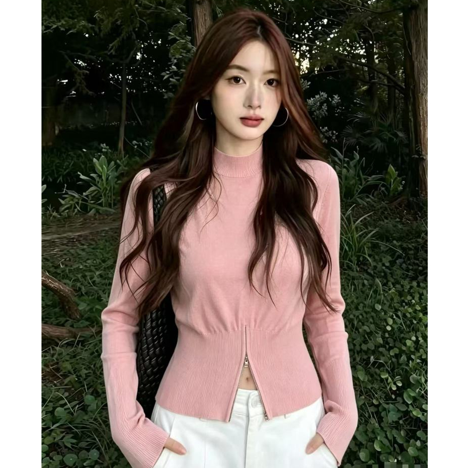 เสื้อสเวตเตอร์แขนยาวถักสำหรับผู้หญิง ดีไซน์ซิปใหม่ สีพื้น