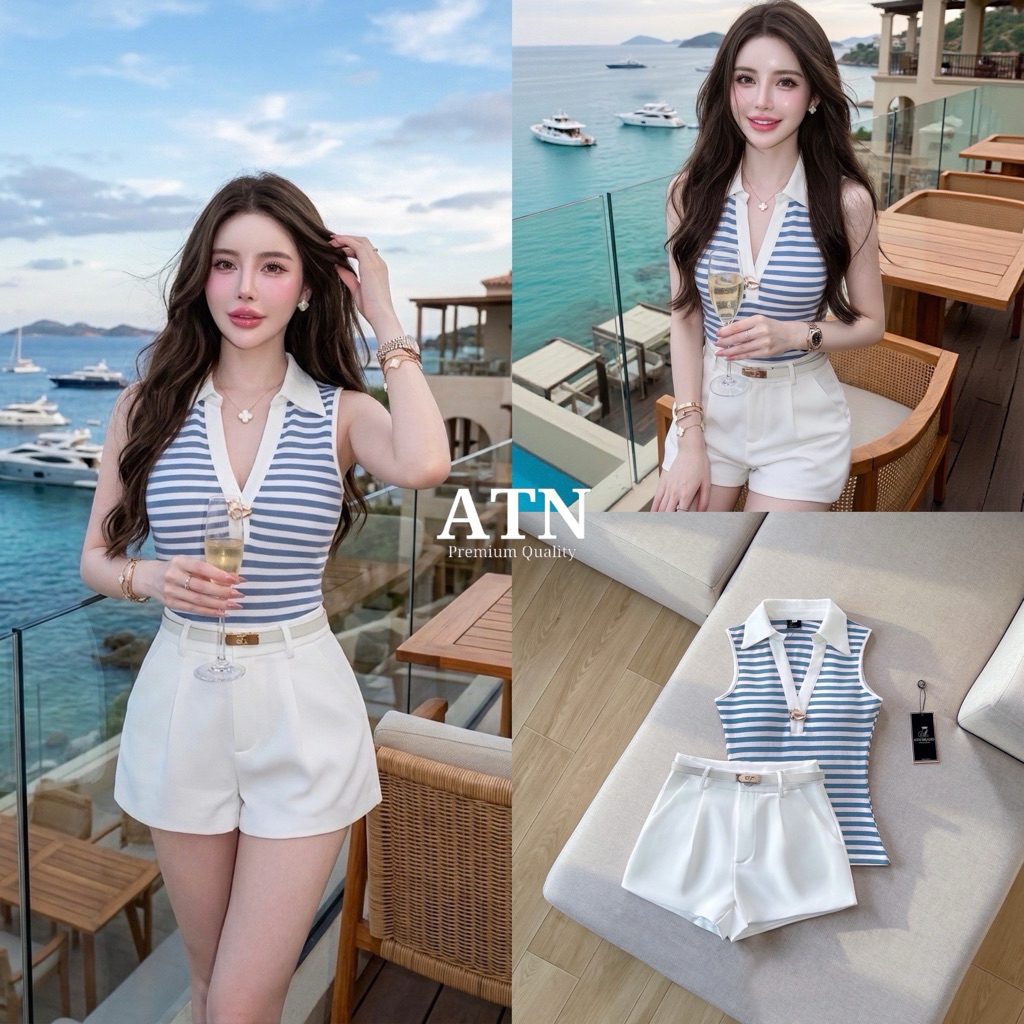 ATN ชุดset 3ชิ้น เสื้อคอปก เว้าคอวี แขนกุด แต่งกระดุมทอง หน้าอกเสริมฟองน้ำ +กางเกงขาสั้นทรงสวยเป๊ะ