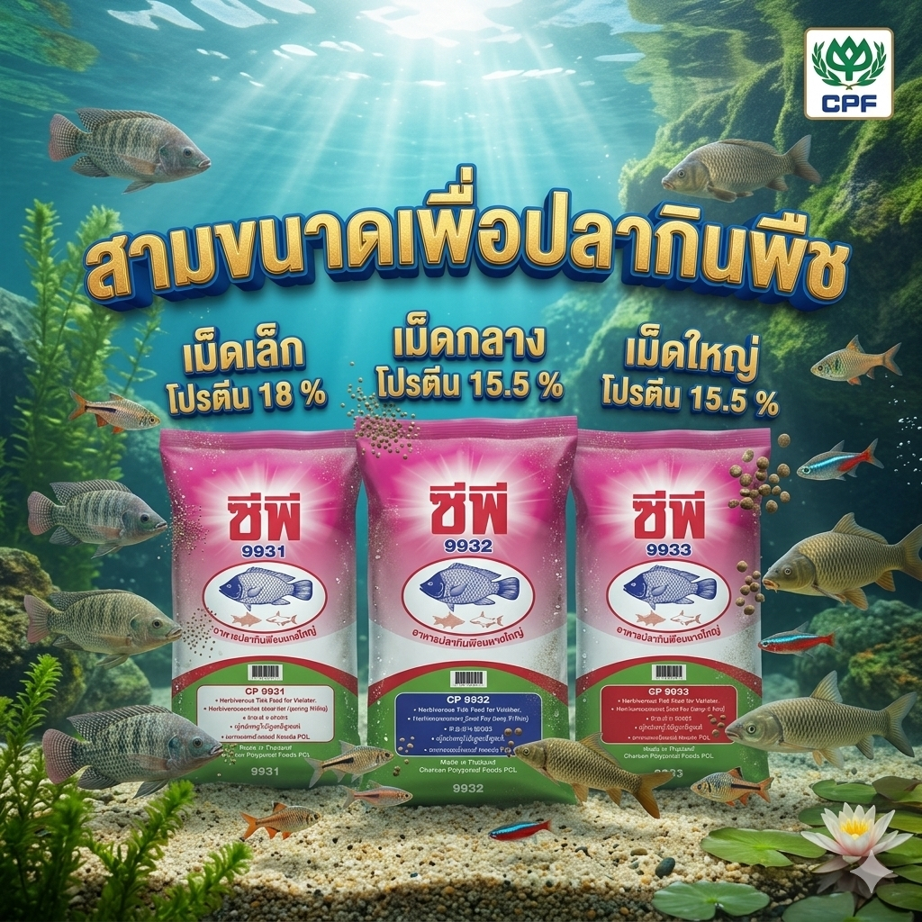 อาหารปลา CP อาหารปลากินพืช เม็ดเล็ก กลาง ใหญ่ รุ่น 9931 9932 9933 โปรตีนสูง โตไว ปลานิล ปลาหมอ น้ำไม่เสีย สารอาหารครบ