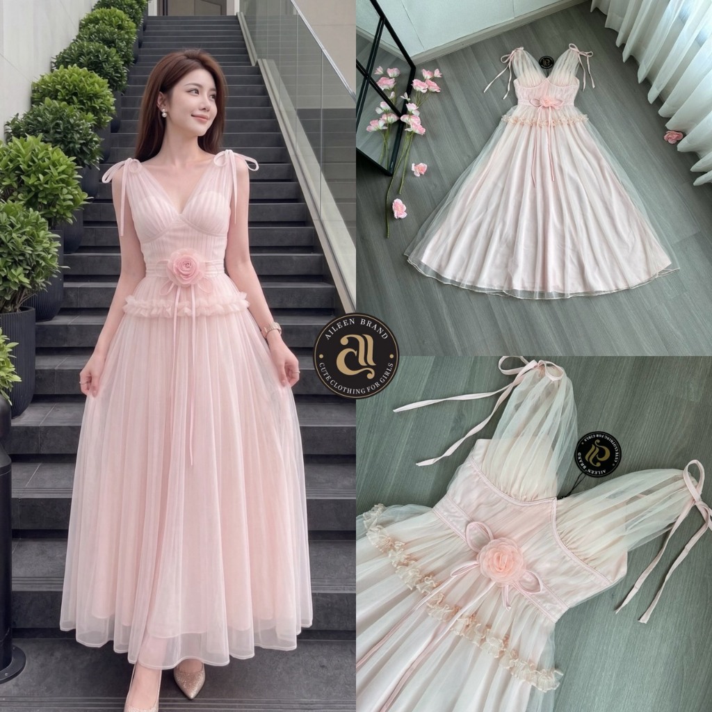 [Aileen] เดรสยาวสายเดียวผ้ามุ้งตาข่ายสีชมพู ดีไซน์แต่งคลุมไหล่มีสายสามารถรูดผูกเป็นโบได้ทรงสวย