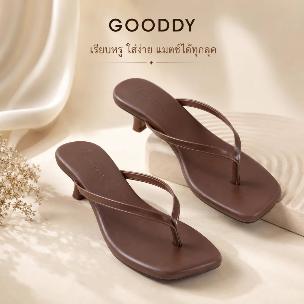 [มีส่งด่วน] GOODDY รองเท้าส้นสูงสายคีบ รองเท้าแตะหูคีบ ส้นเตี้ย ทรงหัวเหลี่ยม สไตล์มินิมอล แมทช์ง่ายทุกลุค