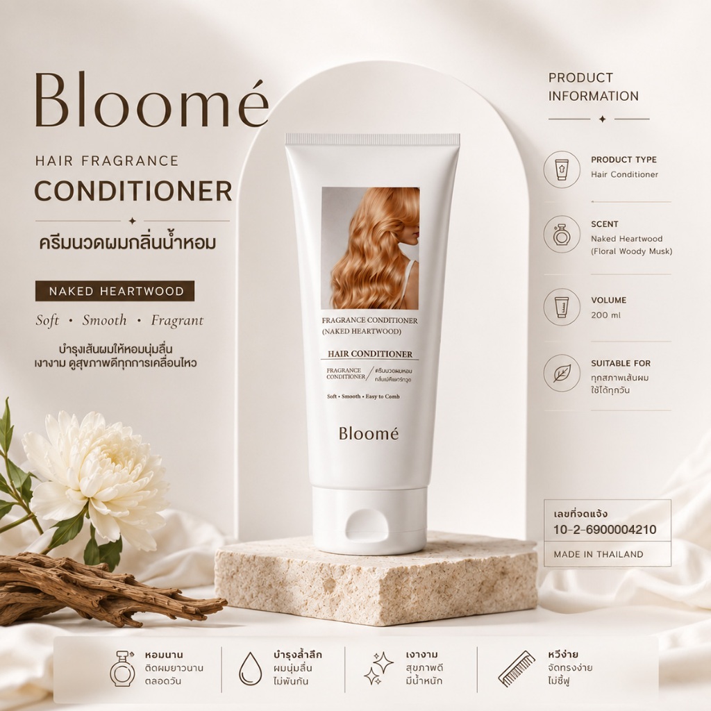 BLOOMÉ Hair Conditioner ครีมนวดผม 200ml กลิ่น Naked Heartwood หอมนาน ผมนุ่มลื่น เงางาม ลดผมชี้ฟู