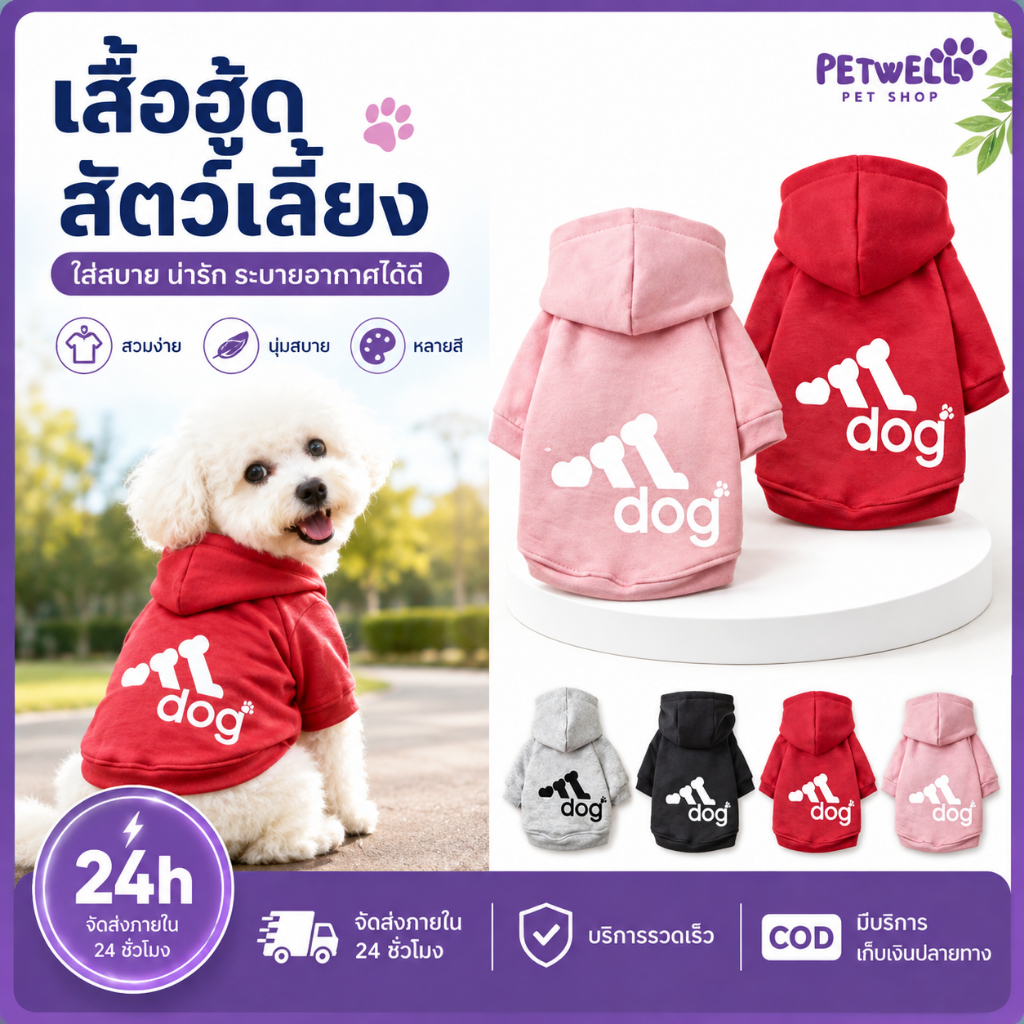 PETWELL เสื้อกันหนาวสำหรับสัตว์เลี้ยง หมา เสื้อฮู้ด เสื้อผ้าสัตว์เลี้ยง ใหม่ล่าสุด