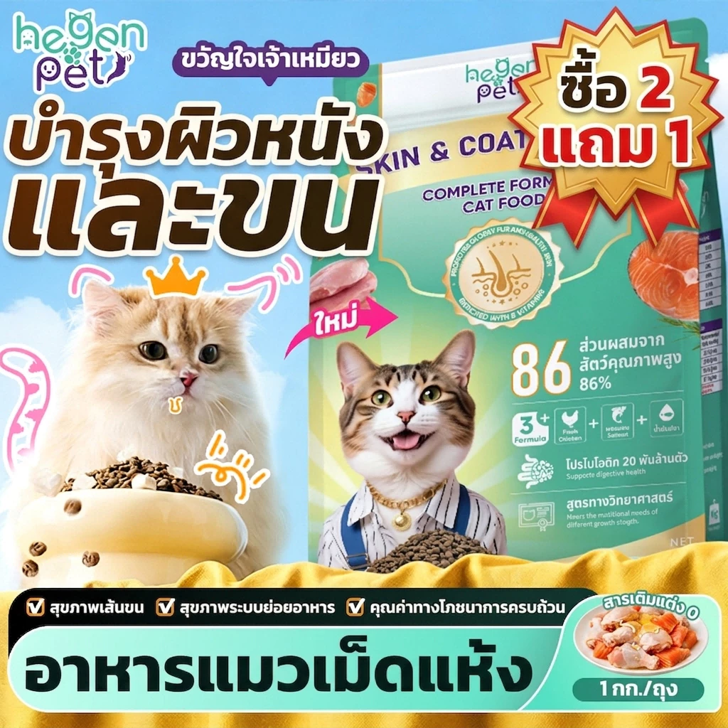 【 ซือ 2 แถมฟรี 1】Hegen Pet อาหารเม็ดแมว โภชนาการสมบูรณ์ สำหรับแมวทุกระยะวัย ตั้งแต่ลูกแมวจนถึงแมวโต 1KG