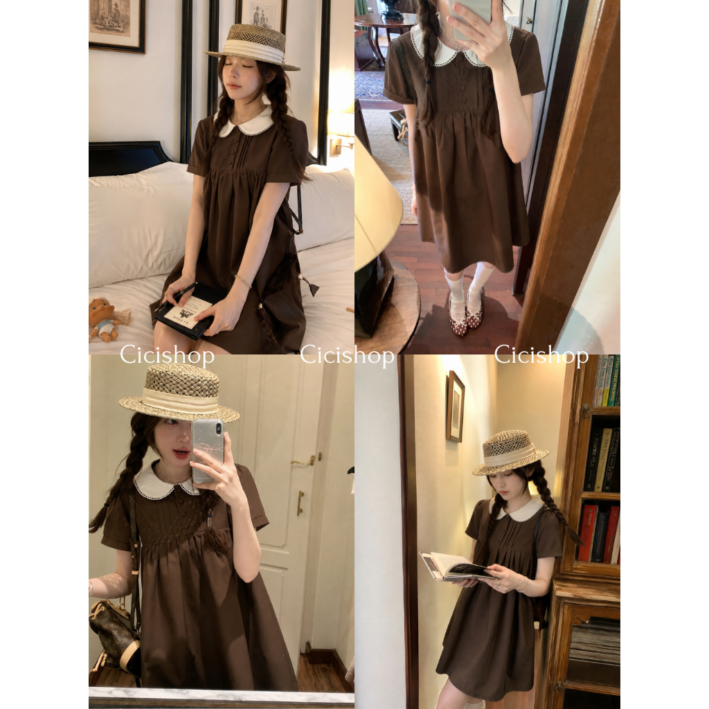 Cicishop(3430) เดรสสั้นทรงเบบี้ดอลล์ คอปกบัว กระดุมหน้าหุ้มผ้าใช้งานได้จริง แขนสั้นพับปลายแขน ทรงปล่อย สไตล์สาวญี่ปุ่น