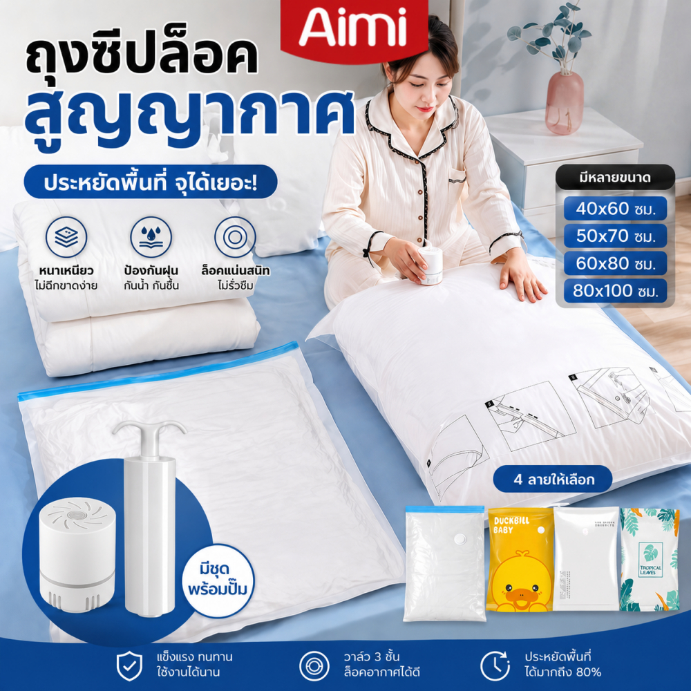 Aimi ถุงสูญญากาศ ถุงบีบอัดเสื้อผ้า/ผ้าห่ม ถุงเก็บของประหยัดพื้นที่ มีวาล์ว หลายขนาด หลายลาย พร้อมปั๊ม Vacuum Bag