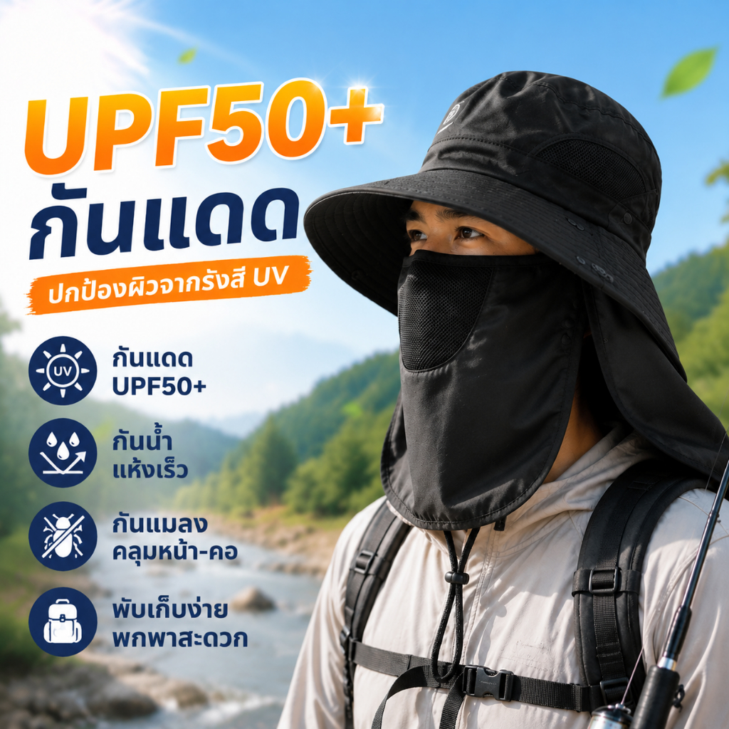 หมวกกันแดด UPF50+ หมวกบังแดด UV กันน้ำ ระบายอากาศ แห้งเร็ว ป้องกันแสงแดด สำหรับเดินป่า ขี่มอเตอร์ไซค์