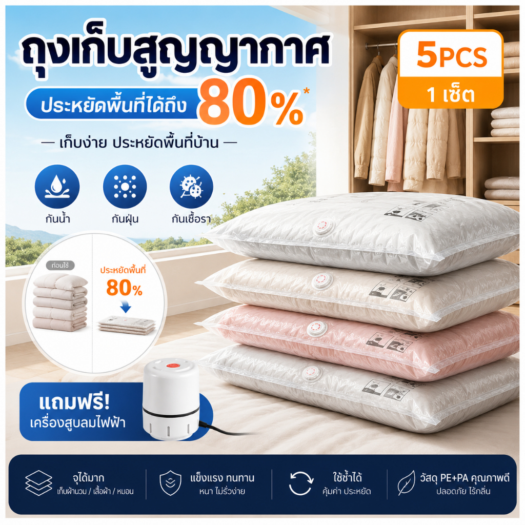 ถุงสูญญากาศสำหรับจัดเก็บ แบบใส ถุงจัดเก็บสำหรับการเดินทาง กระชับพื้นที่ในการจัดเก็บของ