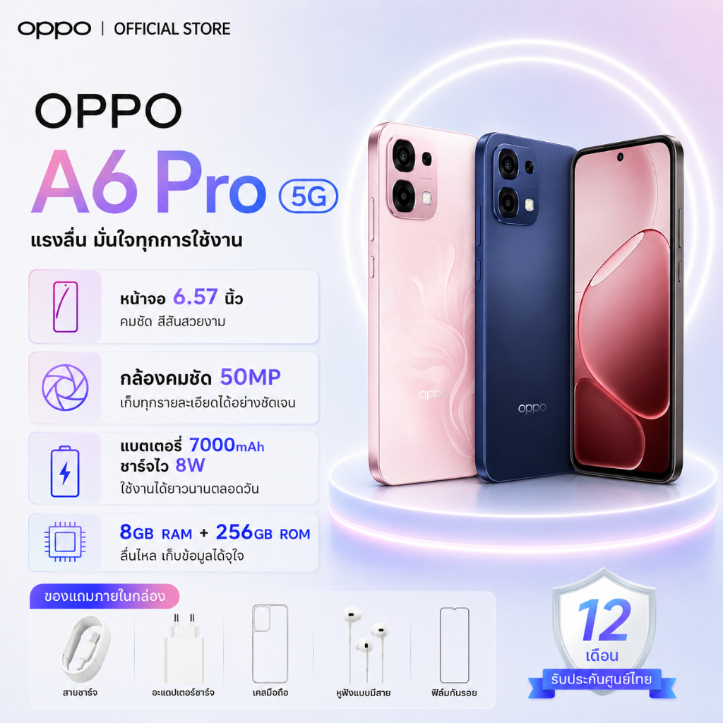 OPPO A6 Pro 5G (8+256GB) รองรับการชาร์จเร็ว 80W และมีแบตเตอรี่ความจุสูง 6500 mAh ที่กันน้ำและทนทานต่อการตกกระแทก