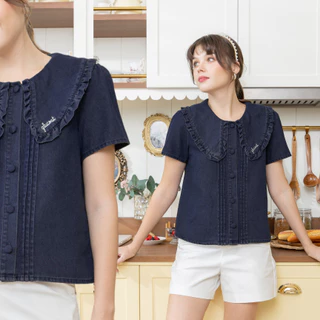 Glucoat | [A339] เสื้อยีนส์แขนสั้น คอปกแต่งระบายปัก glucoat กระดุมหน้าใช้งานได้จริง