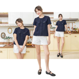 Glucoat | [A339] เสื้อยีนส์แขนสั้น คอปกแต่งระบายปัก glucoat กระดุมหน้าใช้งานได้จริง