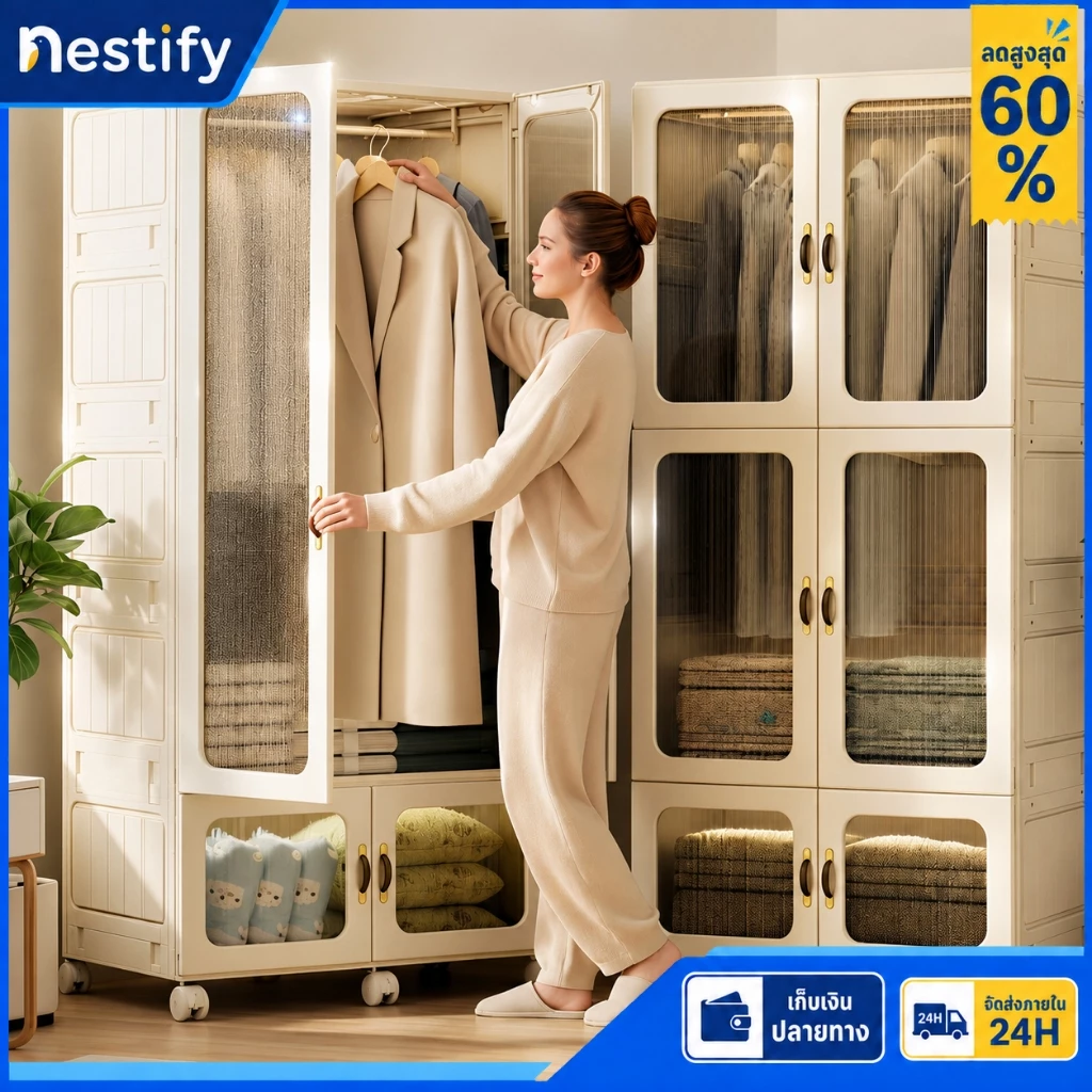 Nestify ตู้เสื้อผ้าผู้ใหญ่ ตู้เสื้อผ้าบานเปิด พับเก็บได้ ติดตั้งง่าย ความจุขนาดใหญ่ ผลิตจากวัสดุ PVC