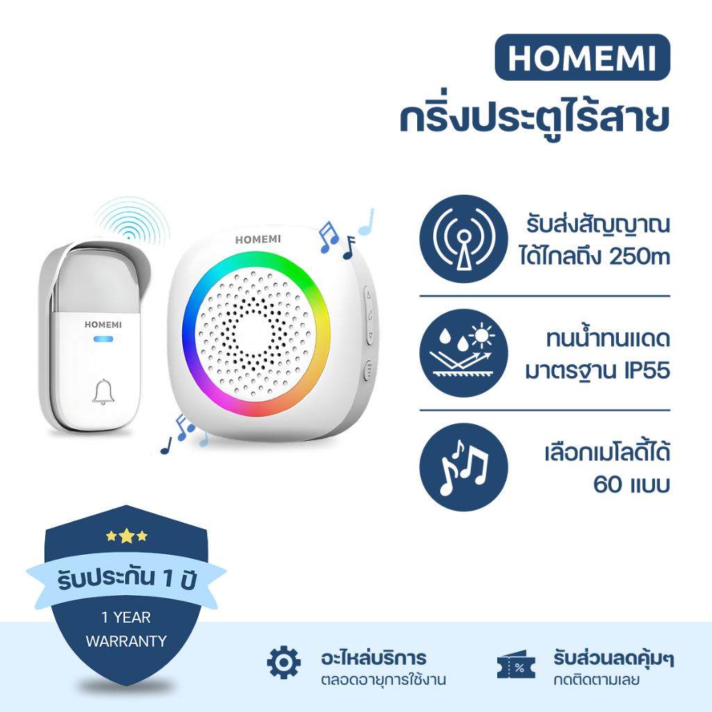 Homemi กริ่งไร้สาย ไร้สายไม่ต้องใช้ถ่าน ไม่ต้องเสียบปลั๊ก ทนแดด ทนน้ำ ปรับเสียงได้ 60 แบบ (HM0059-P-WH)
