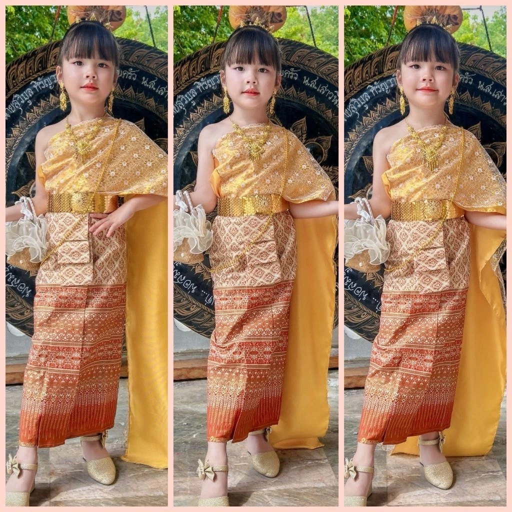 สีครีมชมพูชุดไทยวันทอง 3-10 ปีมี 8 ขนาดราคาไม่รวมเครื่องประดับ