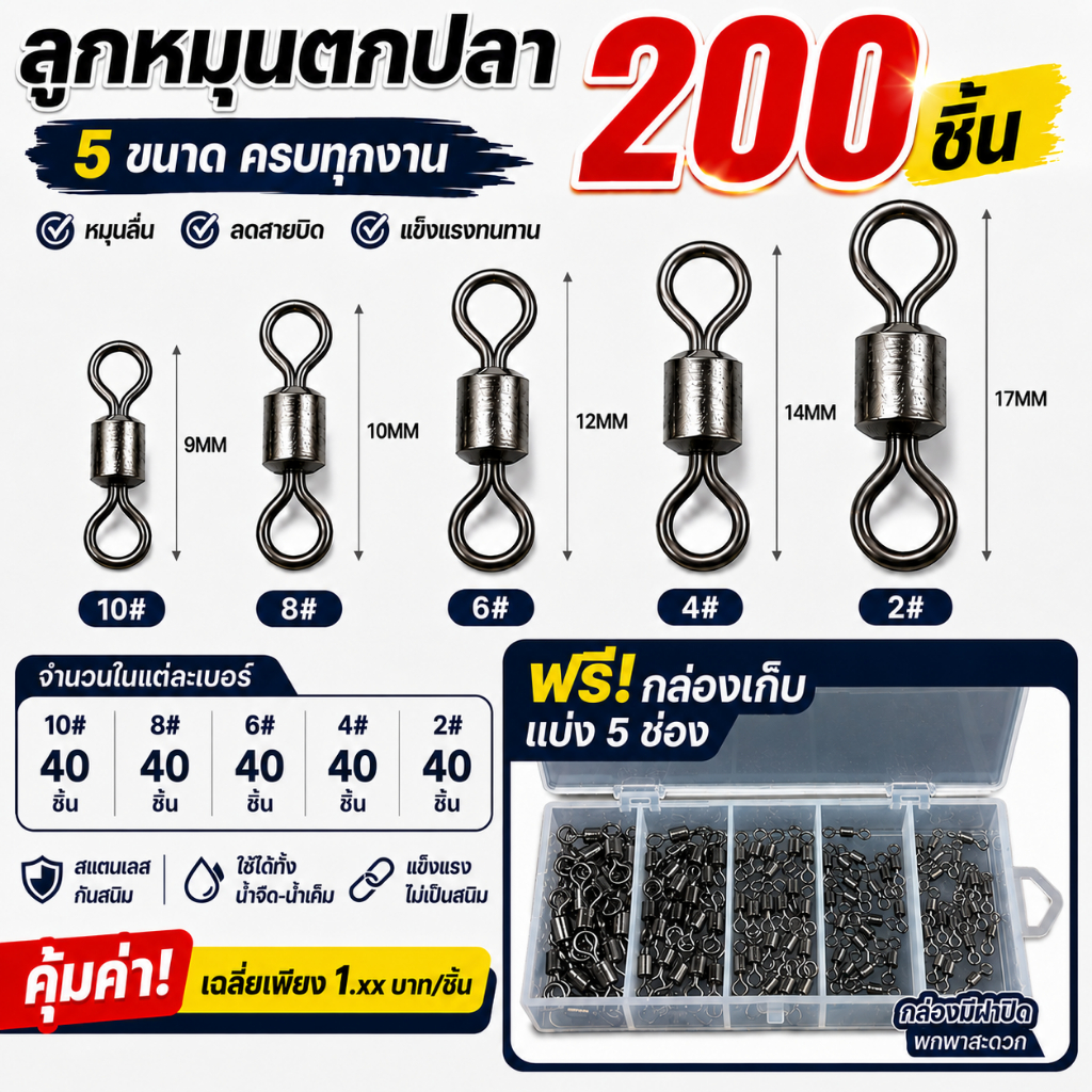 ลูกหมุนตกปลา 200 ชิ้น พร้อมกล่อง 5 ช่อง หมุนลื่น ลดสายบิด หลายขนาด อุปกรณ์ตกปลา Fishing Swivel