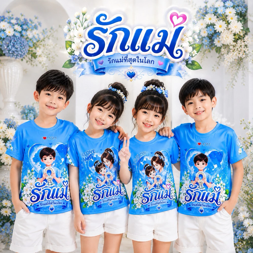 เสื้อสีฟ้า เสื้อวันแม่ รักแม่ เสื้อลายวันแม่ เสื้อลายดอกมะลิ ผ้าคอตตอน100% ผ้าไมโครพิมพ์ทั้งตัว