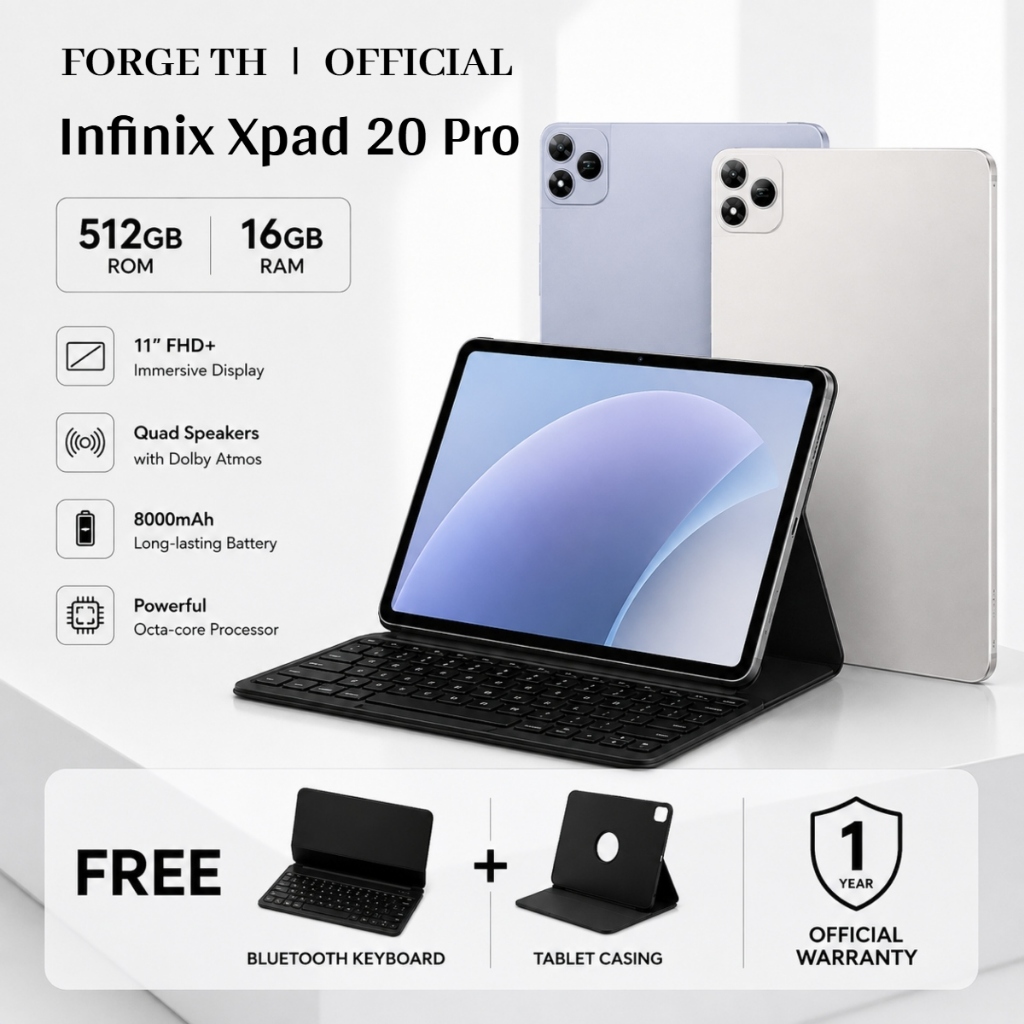 Infinix XPAD 20 Pro (16GB+512GB) หน้าจอ 12 นิ้ว 2K 90Hz, 5G+WiFi, Helio G100, แบตเตอรี่ 8000mAh + คีย์บอร์ด + เคส
