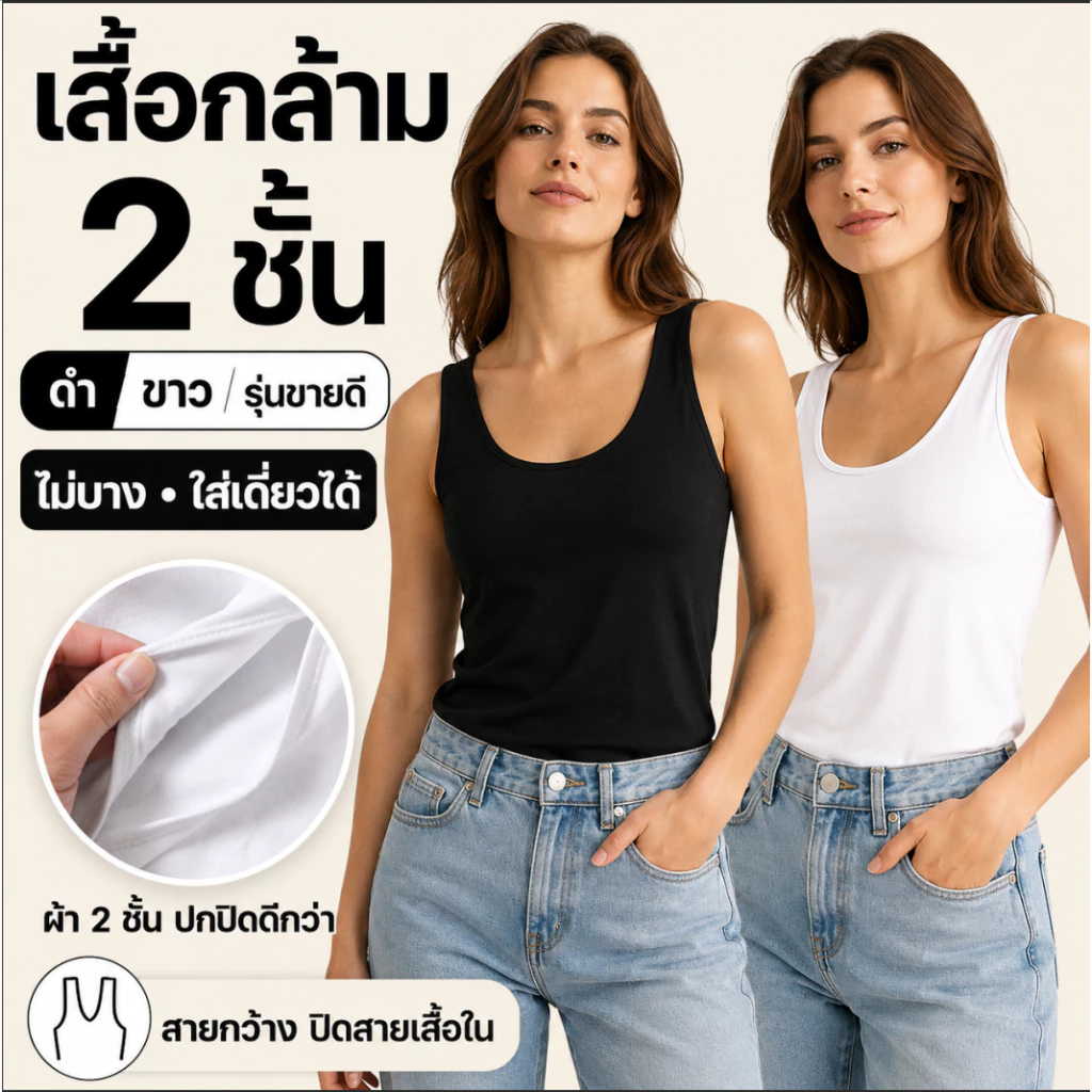 เสื้อกล้ามผู้หญิงซับใน สีพื้น ทรงเข้ารูป ผ้านุ่มยืด ใส่สบาย ระบายอากาศ แมทช์ยีนส์ง่าย ใส่เดี่ยวหรือใส่ซับใน