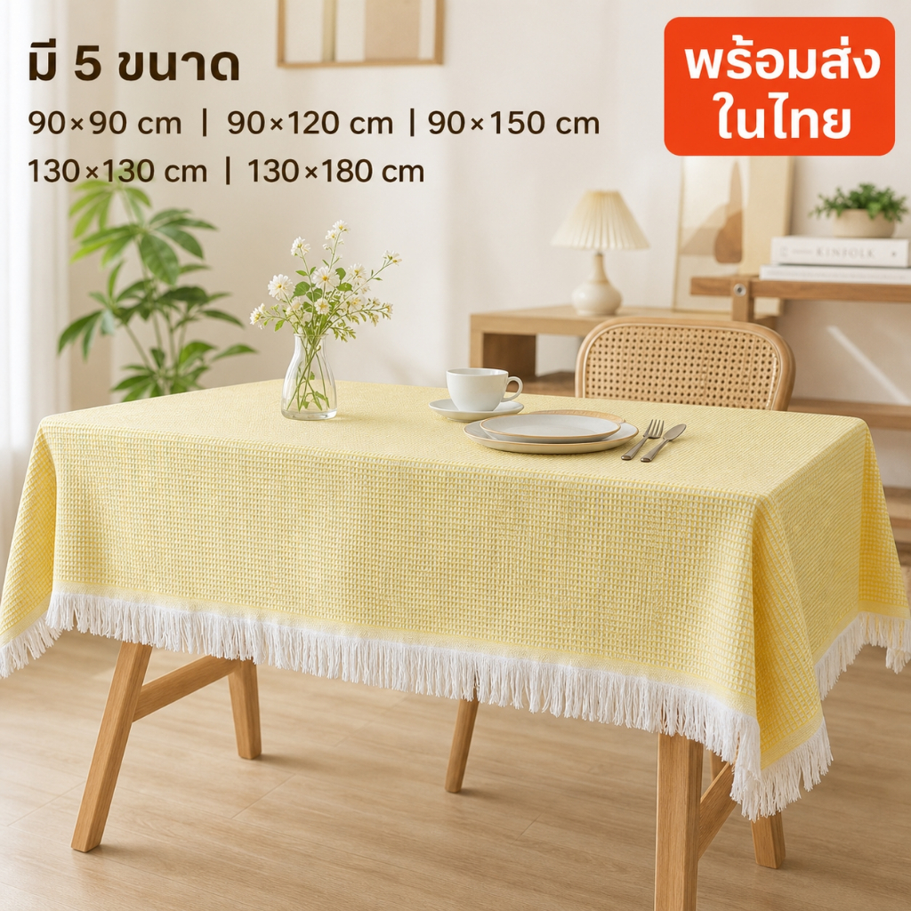 ผ้าปูโต๊ะสีเหลือง แต่งพู่สวย ผ้าคลุมโต๊ะอาหาร โต๊ะกาแฟ กันฝุ่น ตกแต่งบ้านสไตล์มินิมอล มี 5 ขนาด พร้อมส่งในไทย
