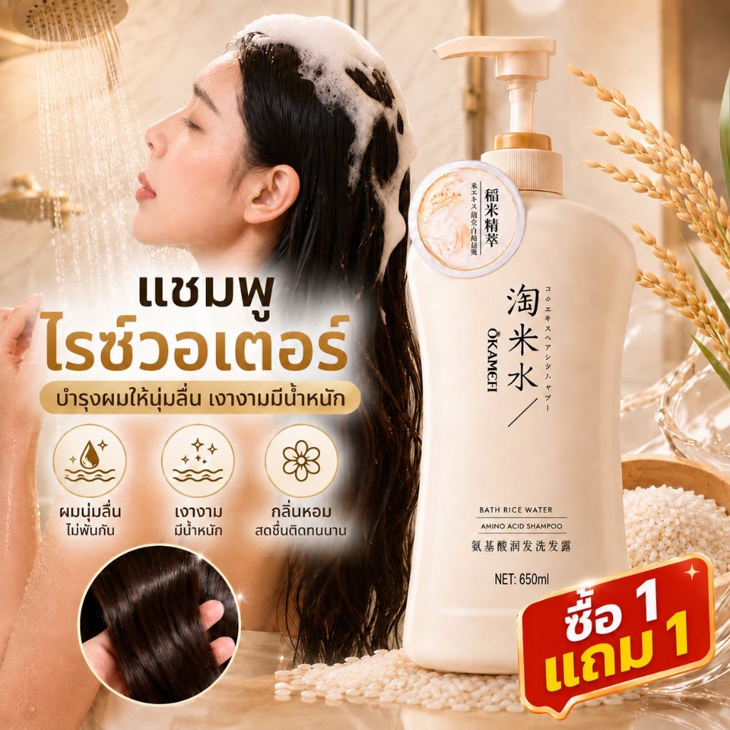 ซื้อ 1 แถม 1 พร้อมส่ง OKANEN แชมพูน้ำซาวข้าว สูตรอะมิโน บำรุงผมแห้งเสีย ลดความมัน ผมนุ่มลื่น มีวอลลุ่ม กลิ่นหอม