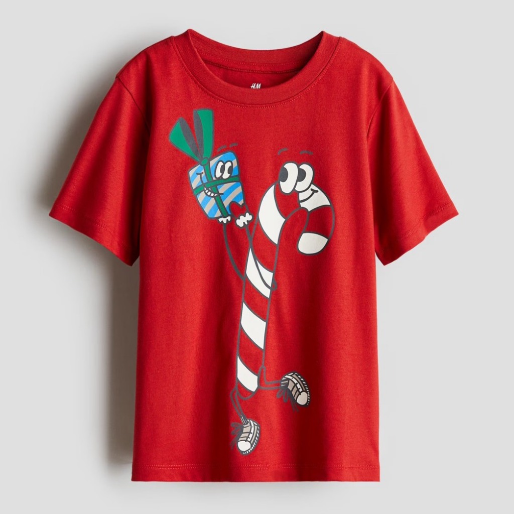 H&M Printed T-Shirt เสื้อคอตตอล แขนสั้น คอกลม สีแดง คริสมาสต์ ไซด์ 1.5-10 ปี
