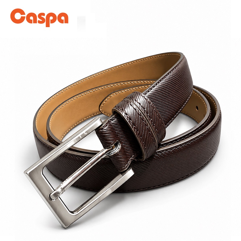 Caspa เข็มขัด​หนังแท้ รุ่น BE08 ลายริ้ว มี2สี ดำ/น้ำตาล ยาว51นิ้ว​ เข็มขัดผู้ชาย ​Belt เข็มขัด​หนัง 
