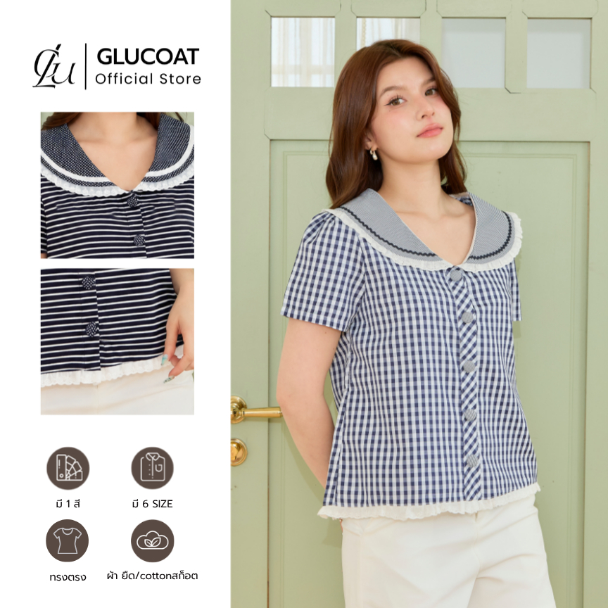Glucoat | [A228/A871] เสื้อแขนสั้นคอปกกะลาสี แต่งเทปลูกไม้ ชายเสื้อแต่งเทปลูกไม้ กระดุมด้านหน้าใช้งานได้จริง