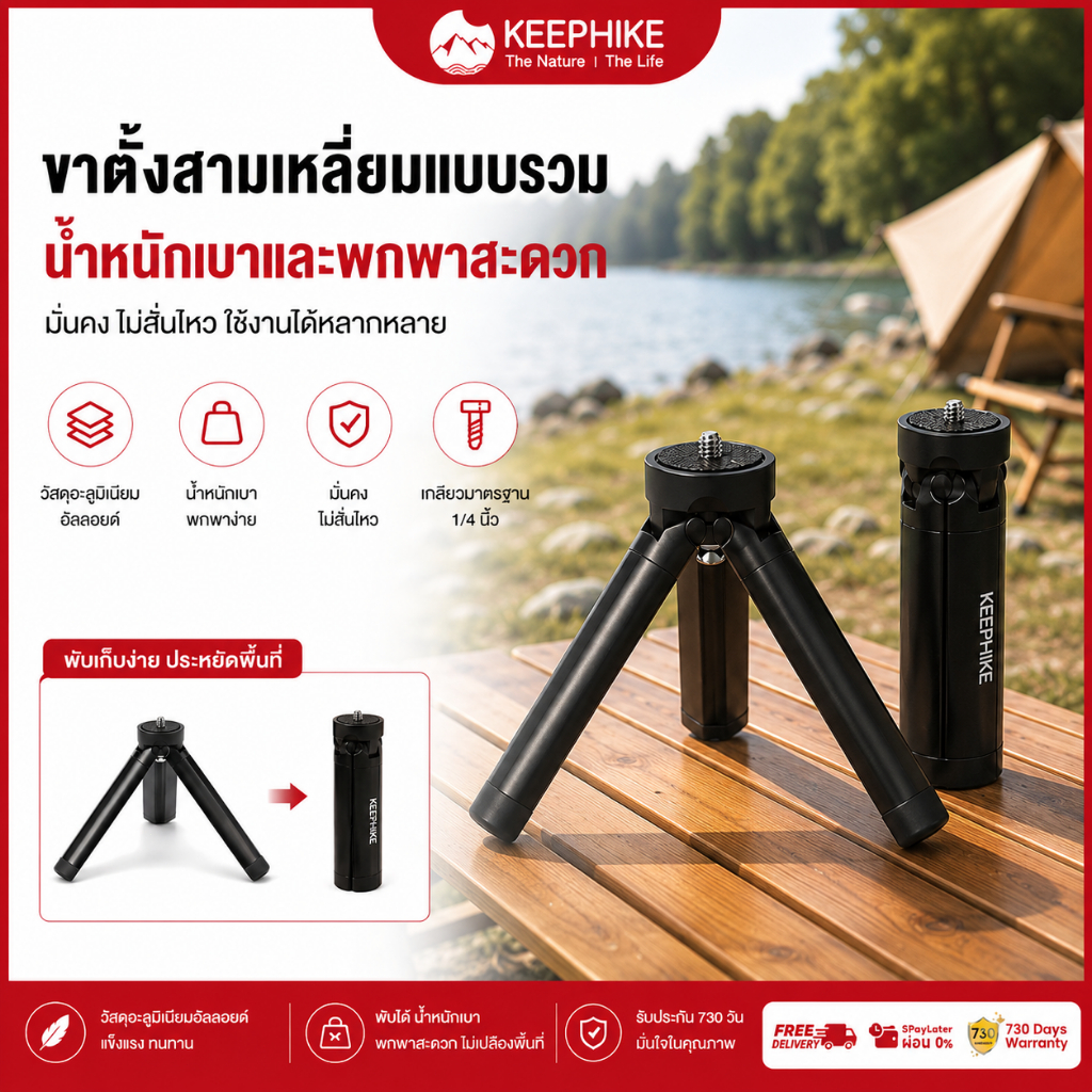 KEEPHIKE ไฟแคมป์ปิ้งกลางแจ้ง ขาตั้งกล้องมัลติฟังก์ชั่น ขาตั้งเซลฟี่อเนกประสงค์ ทำจากโลหะผสม