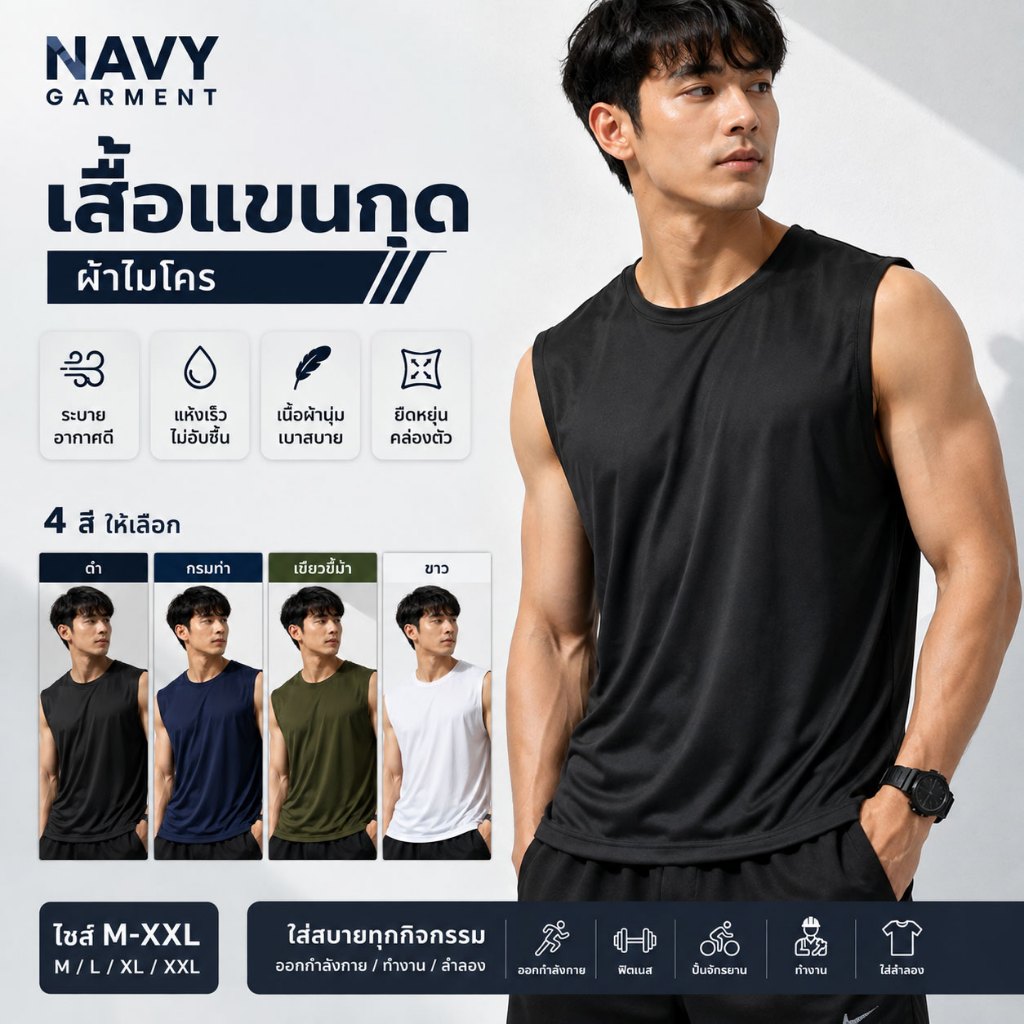 เสื้อแขนกุด ผ้าไมโคร ระบายอากาศ แห้งไว สีพื้น M-XXL