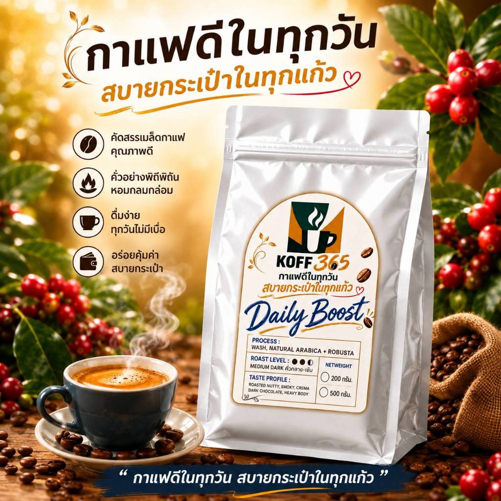 เมล็ดกาแฟคั่วกลาง Arabica Robusta Blend | Daily Boost Koff365 | กาแฟคั่วสด Fine Robusta Espresso Ame