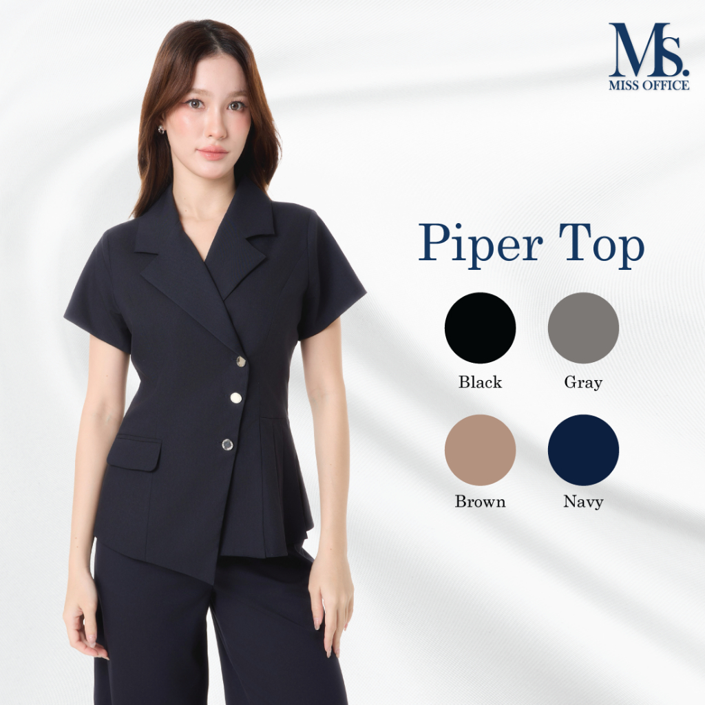 Miss Office เสื้อปกแหลมแขนสั้นแต่งจีบเอว (Piper Top) (MT-365)