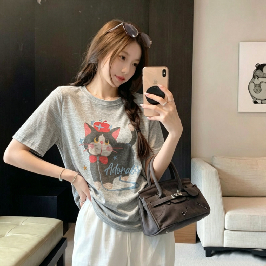 เสื้อยืดแขนสั้นลายแมวน่ารักสไตล์อเมริกันระดับไฮเอนด์สำหรับผู้หญิง สไตล์ใหม่สำหรับฤดูร้อน ลายการ์ตูน ทันสมัย ​​เรียบง่าย