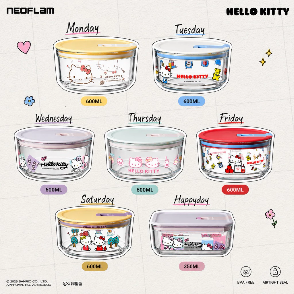 พร้อมส่งด่วน 🇹🇭 Neoflam x Hello Kitty กล่องข้าวแก้วทรงกลม กล่องผลไม้ เข้าไมโครเวฟได้ Sanrio ขนาด 350ml และ 600 ml