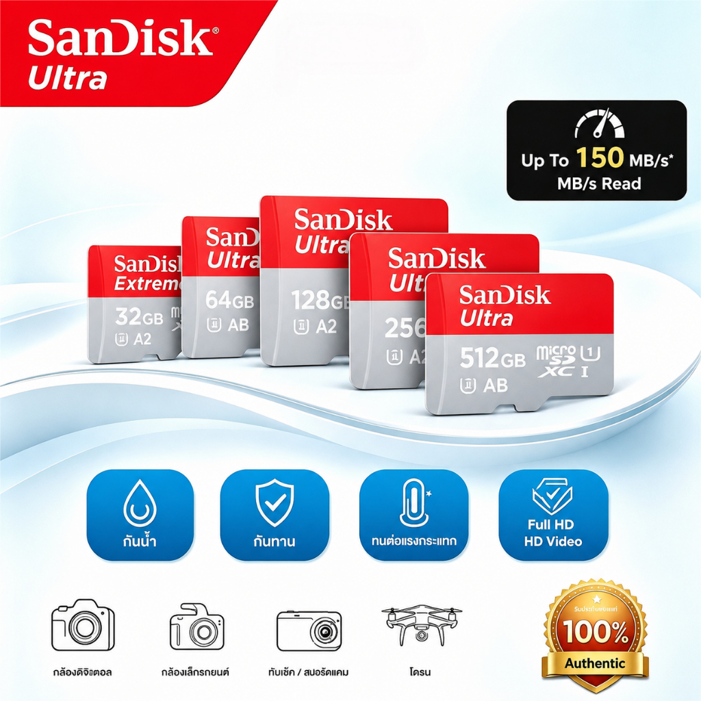 SanDisk Ultra Micro SDXC UHS-I 32GB 64GB 128GB 256GB 512GB 1TB ความเร็วอ่านสูงสุด 140 MB/s U1 A1