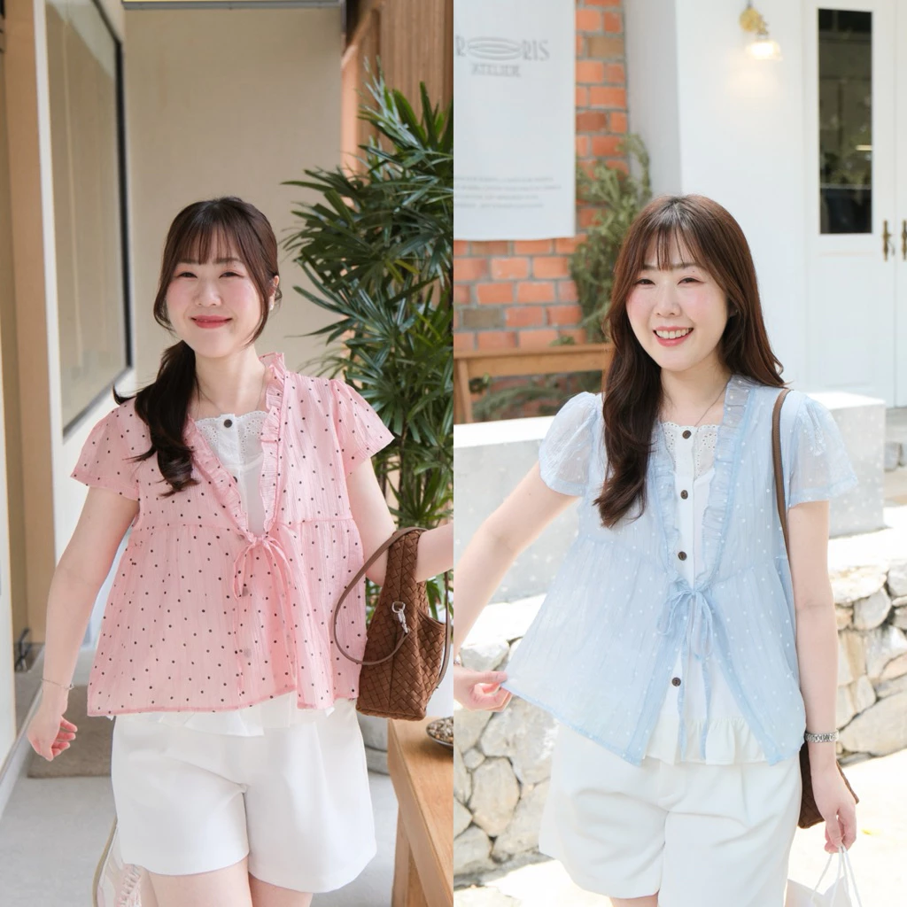 Rumi layer top ❣️Chakiya.store เสื้อสุดคิ้ววท์ เล่น layer มาพร้อมผ้าลาย polkadot🩵💖