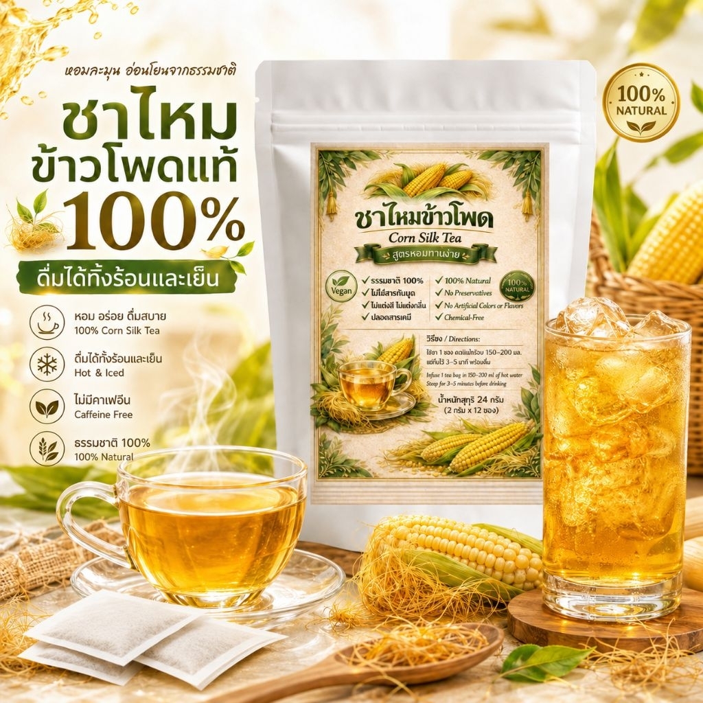 ชาไหมข้าวโพด 12 และ40 ซองชา สูตรหอม ดื่มง่าย ธรรมชาติ 100% ไม่มีคาเฟอีน ไม่มีน้ำตาล Corn Silk Tea