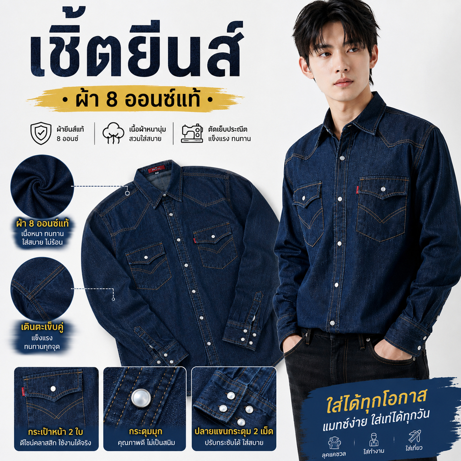 มีถึง Size 7XL !! เสื้อเชิ้ตยีนส์กระดุมมุก ผ้า 8 ออนซ์แท้ เกรดพรีเมี่ยม งานไทยพร้อมส่ง คุณภาพส่งออก ราคาเบาๆ