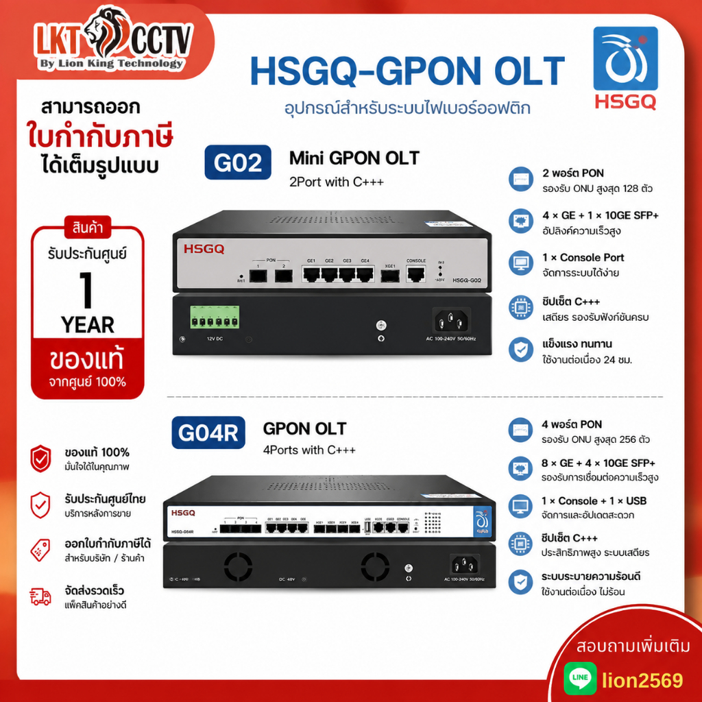 HSGQ GPON OLT G02 / G04R 2 Port 4 Port C+++ รองรับ FTTH ISP OLT GPON ของแท้ ประกันศูนย์ 1 ปี