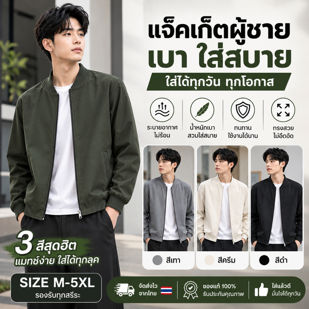 แจ็คเก็ตผู้ชาย เสื้อคลุมกันลม น้ำหนักเบา ระบายอากาศดี ใส่สบาย แฟชั่นเกาหลี ใส่เที่ยว ใส่ทำงาน สีดำ สีเทา สีครีม M-5xl