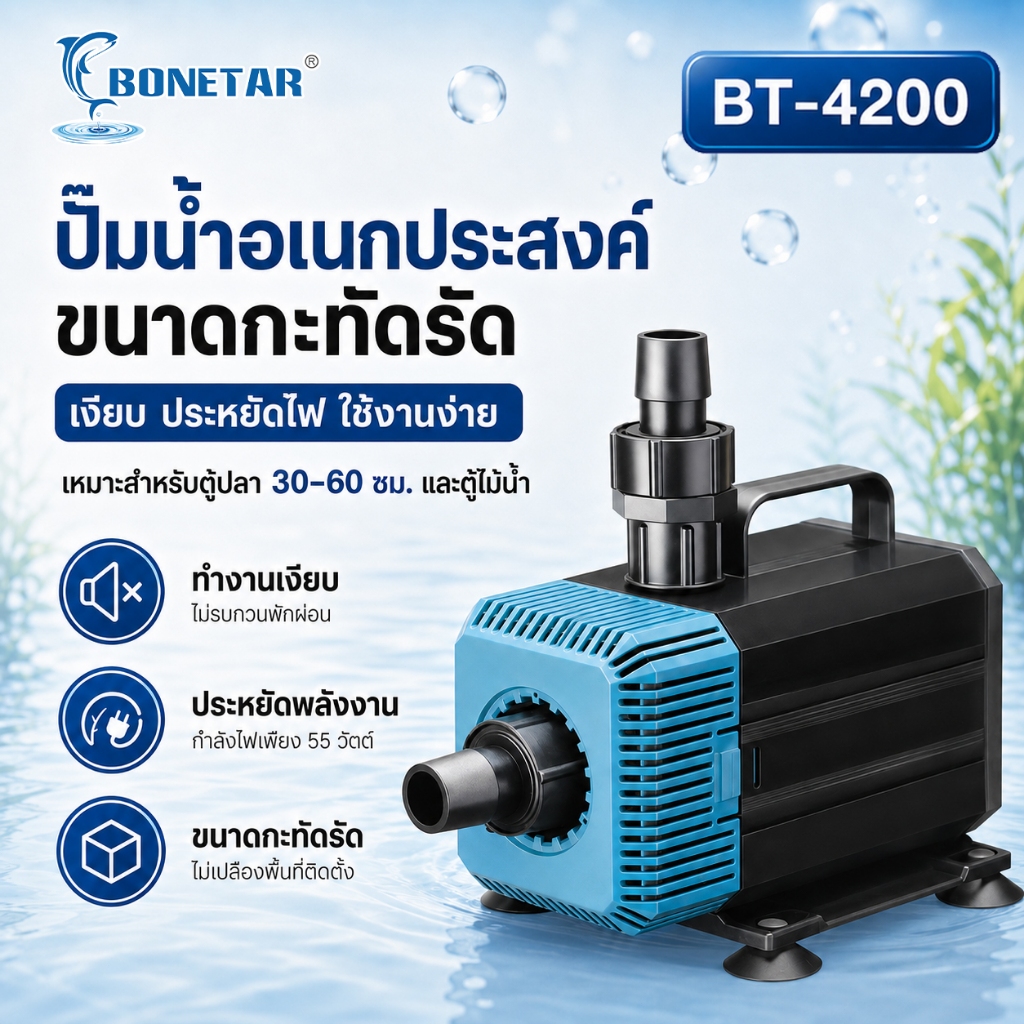 BONETAR ปั๊มน้ำตู้ปลา BT-4200 Aquarium Water Pump ระบบกรองน้ำ แรงดันสูง ประหยัดไฟ เสียงเงียบ ใช้ได้ทั้งน้ำจืดและน้ำทะเล