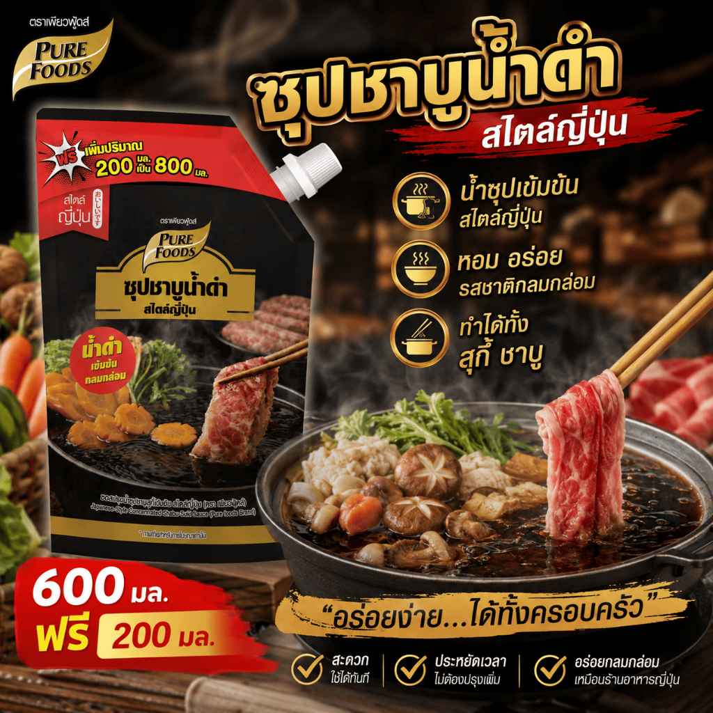 ซุปชาบูน้ำดำ ซอสปรุงน้ำซุปชาบูสุกี้เข้มข้น สไตล์ญี่ปุ่น 600 มิลลิลิตร เพียวฟู้ดส์ ซุปน้ำดำ ชาบูน้ำดำ