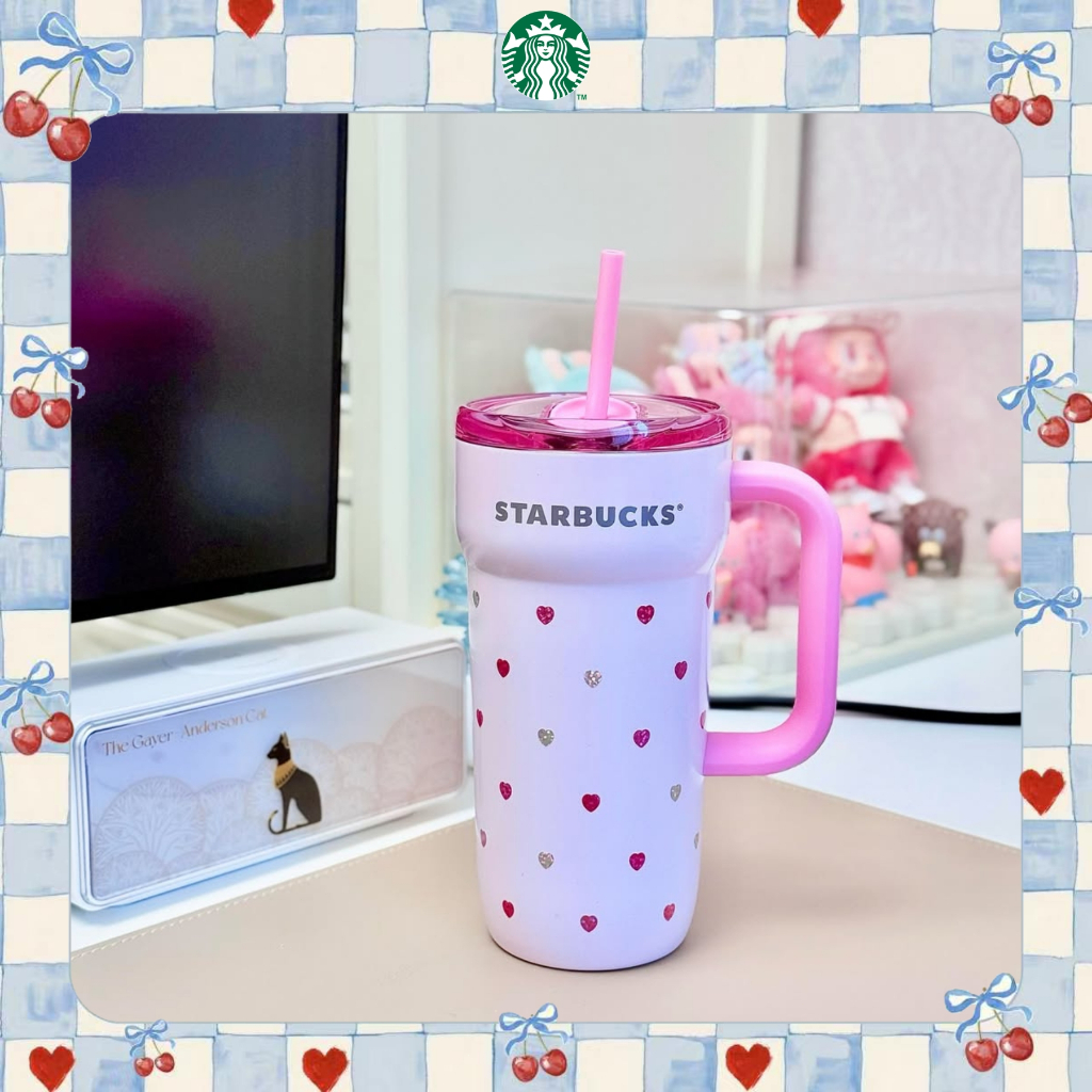 (ของแท้ 100%) Starbucks Love Printed Stainless Steel Straw Cup 670ml แก้วลายหัวใจ