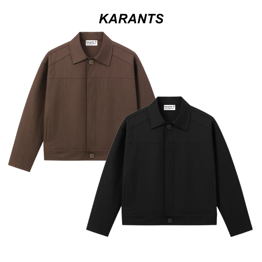 [ สินค้าเข้าเยอะ ] Karants เสื้อแจ็กเก็ตผ้าคอตตอนคาซูเอลทรง Cropped Boxy มีกระดุมที่ปลายแขน - AK50