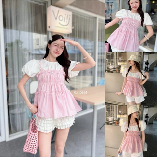 (อก 30-42) เสื้อเอี๊ยมทูโทนเป็นชิ้นติดกัน แขนพองบอลลูนน่ารัก สาวอวบใส่ได้อกถึง 42 นิ้ว