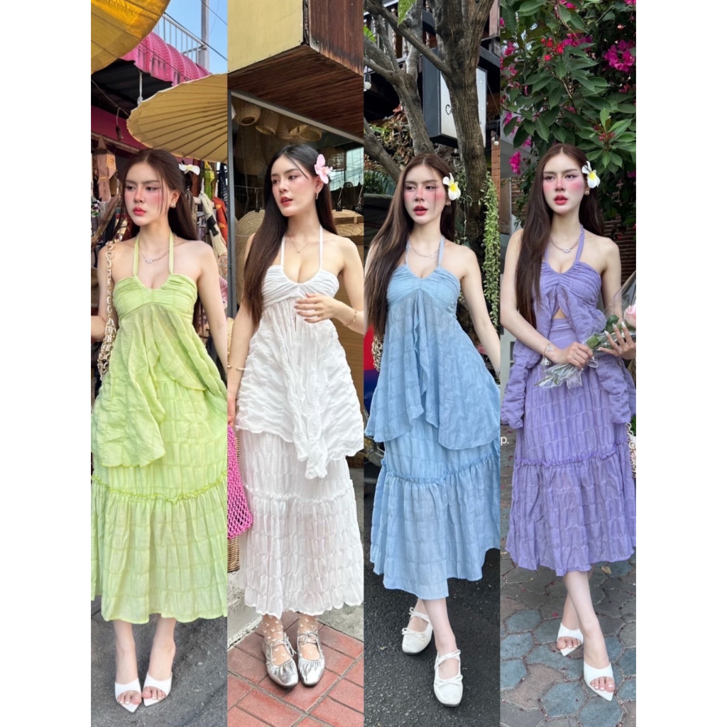 Teera พร้อมส่ง Set2ชิ้น เสื้อสายเดี่ยวระบายผูกคอ+กระโปรงยาวมีซับใน ผ้าย่นอัดยับ งานสวยอลังมาก ชุดเชียงใหม่goodluck