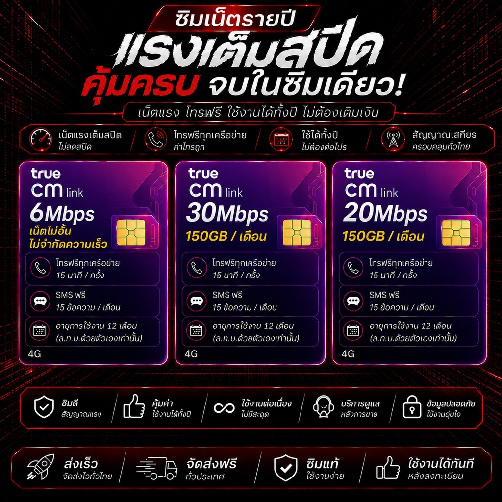 ซิมเทพ CMLink รายปี 12 เดือน เน็ต 6Mbps ไม่อั้น ไม่ลดสปีด | 30Mbps 150GB / 20Mbps 150GB | ส่งฟรี พร้