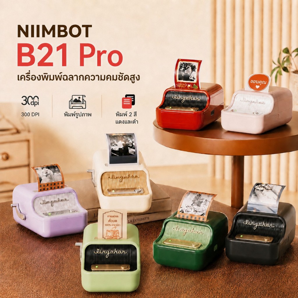 NIIMBOT B21 Pro เครื่องพิมพ์รูปสติกเกอร์ 300DPI เครื่องพิมพ์ฉลาก Bluetooth สำหรับสมุดภาพ ร้านค้า และอาหาร